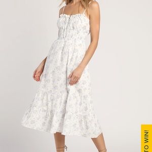 Light and Lovely White Floral Print Tiered Smocked Midi Dress LUSH